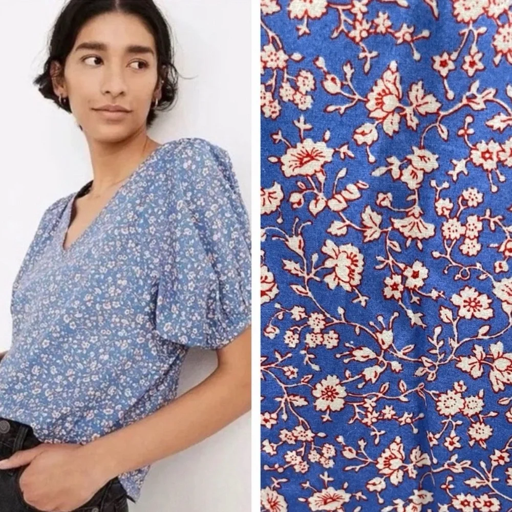 Madewell Floral Summer Vines Hermitage Blue Puff Sleeve VNeck Blouse Top Size XL